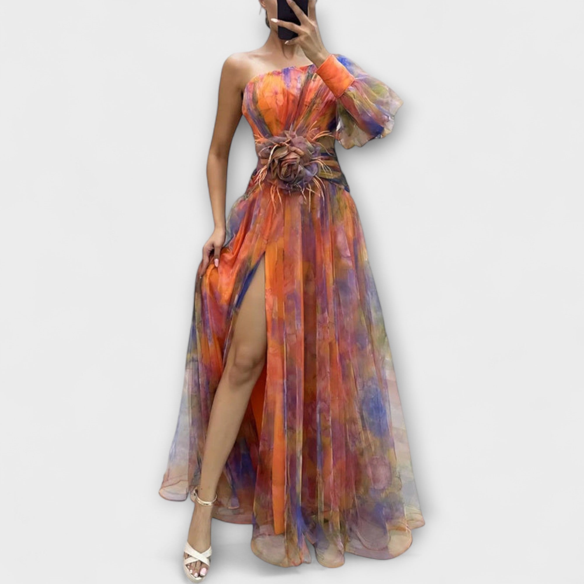 Minna - Lila asymmetrisches Maxikleid mit Print
