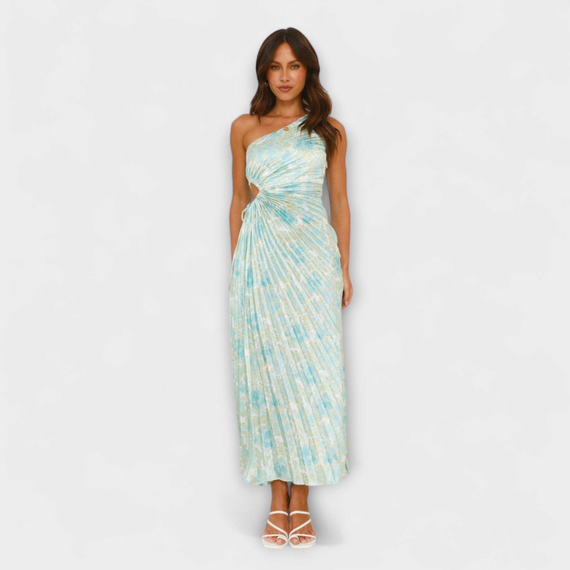 Sienna - Blaues Maxikleid mit Cut-Out und Aquarellmuster
