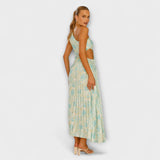 Sienna - Blaues Maxikleid mit Cut-Out und Aquarellmuster