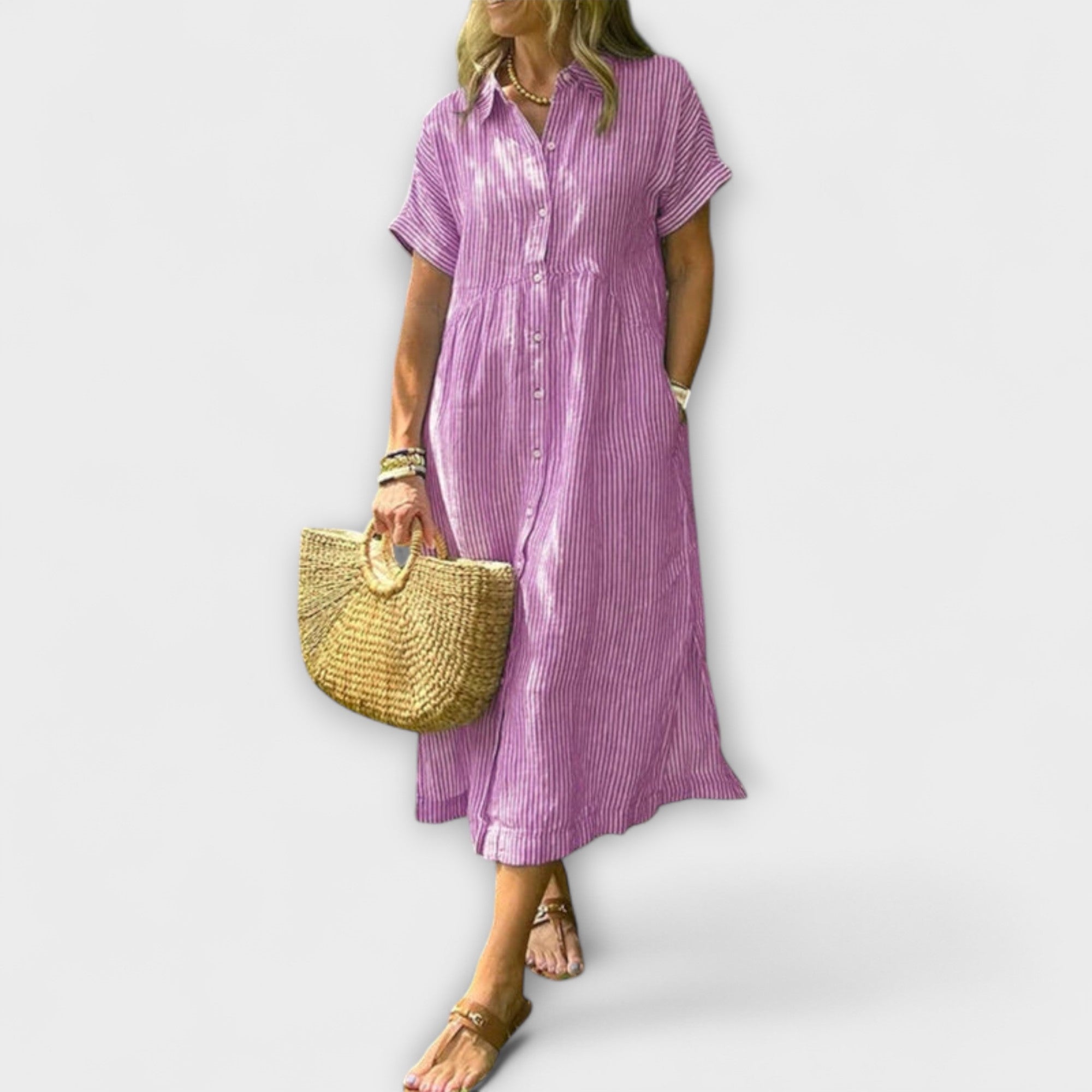 Anorea - Hellblaues gestreiftes Hemdblusenkleid