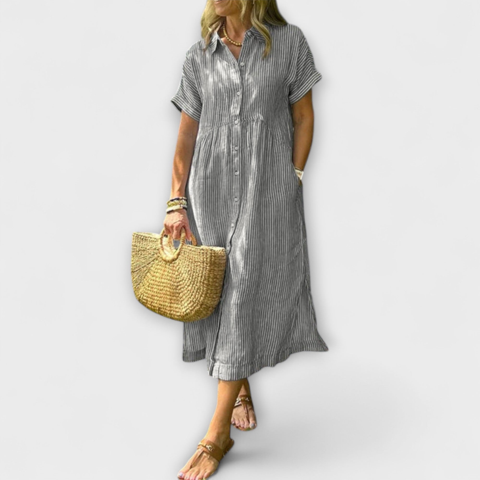 Anorea - Hellblaues gestreiftes Hemdblusenkleid