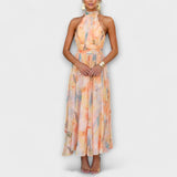 Buntes Halter-Maxikleid mit Aquarell-Print und Rückenausschnitt