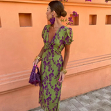 Zoé - Grünes Maxikleid mit lila Blütenmuster