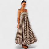 Beige-schwarzes gestreiftes Rüschen-Maxikleid