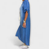 Lea - Blaues Denim-Look-Kleid mit Seitenschlitz