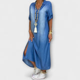 Lea - Blaues Denim-Look-Kleid mit Seitenschlitz