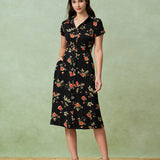 Glória - Schwarzes Midikleid mit Blütenmuster