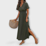 Heather - Olivgrünes Boho-Kleid mit Schlitz