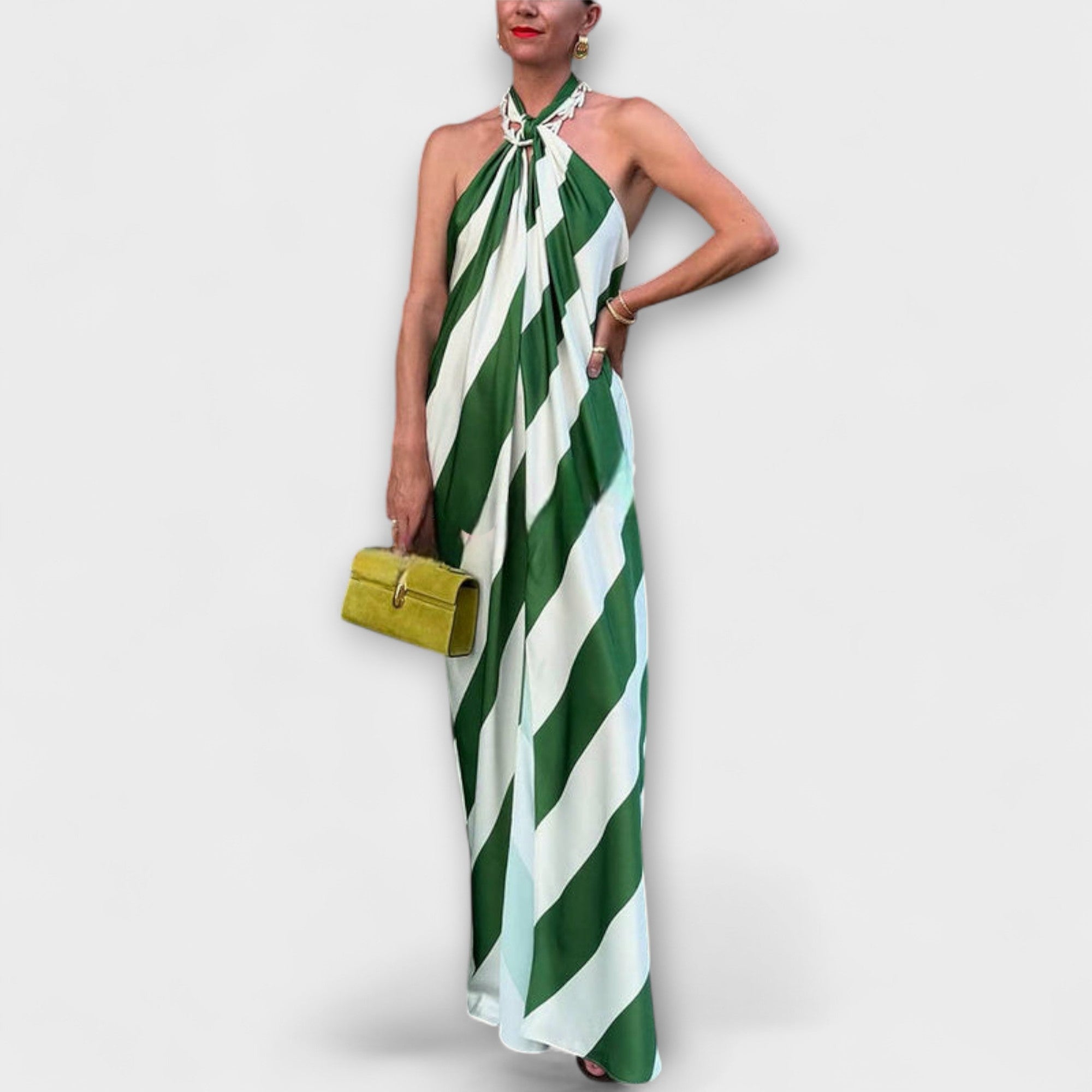 Marlowe - Grün-weisses gestreiftes Halter-Maxikleid