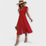 Schickes rotes Polka-Dot-Midikleid mit Knopfleiste