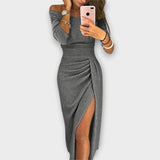 Lena - Graublaues Off-Shoulder-Kleid mit Schlitz