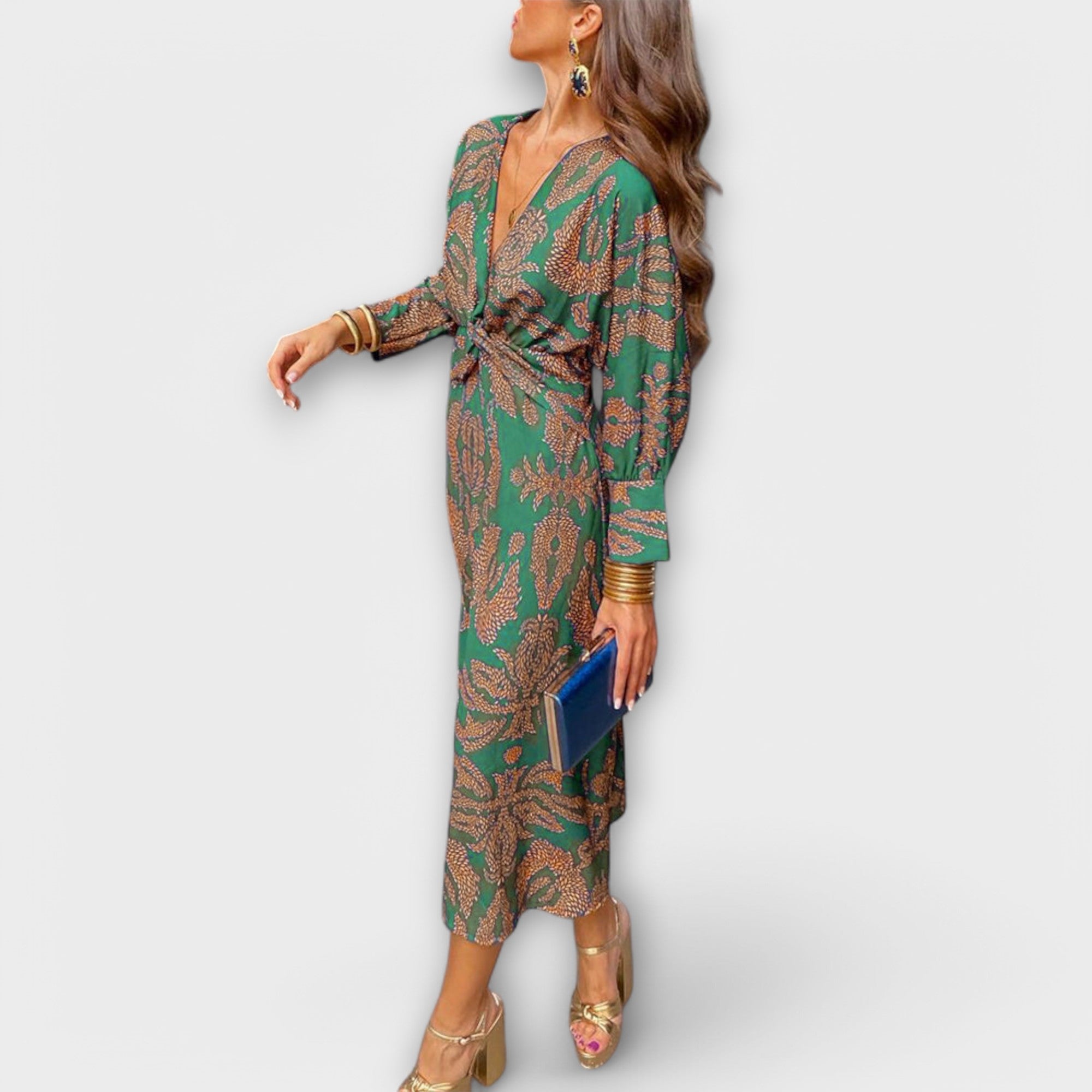 Oriana - Blaues Kleid mit goldenem Muster