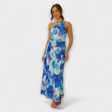 Sienna - Blaues Maxikleid mit Cut-Out und Aquarellmuster