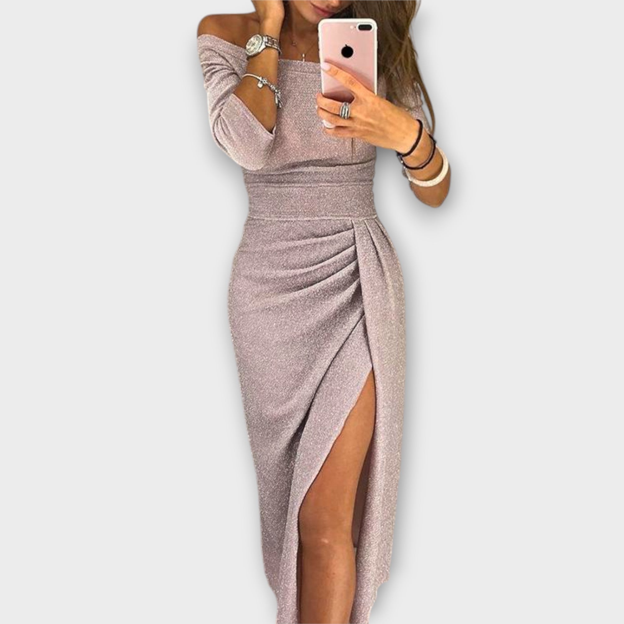 Lena - Graublaues Off-Shoulder-Kleid mit Schlitz