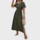 Heather - Olivgrünes Boho-Kleid mit Schlitz
