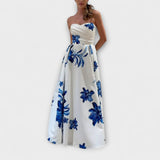 Rosalie - Weiss-blaues Off-Shoulder-Maxikleid mit Blüten