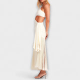 Alice - Cremefarbenes Maxikleid mit Cut-Out und Fransen