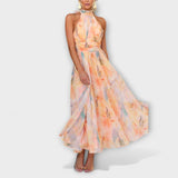 Buntes Halter-Maxikleid mit Aquarell-Print und Rückenausschnitt