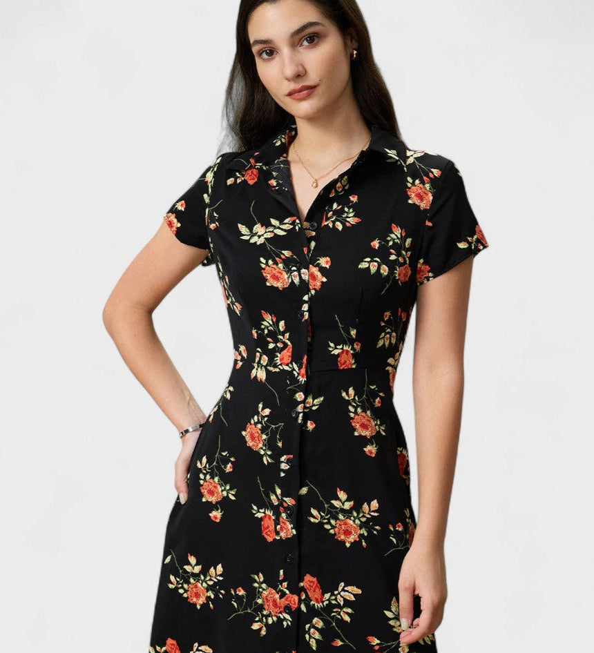 Glória - Schwarzes Midikleid mit Blütenmuster