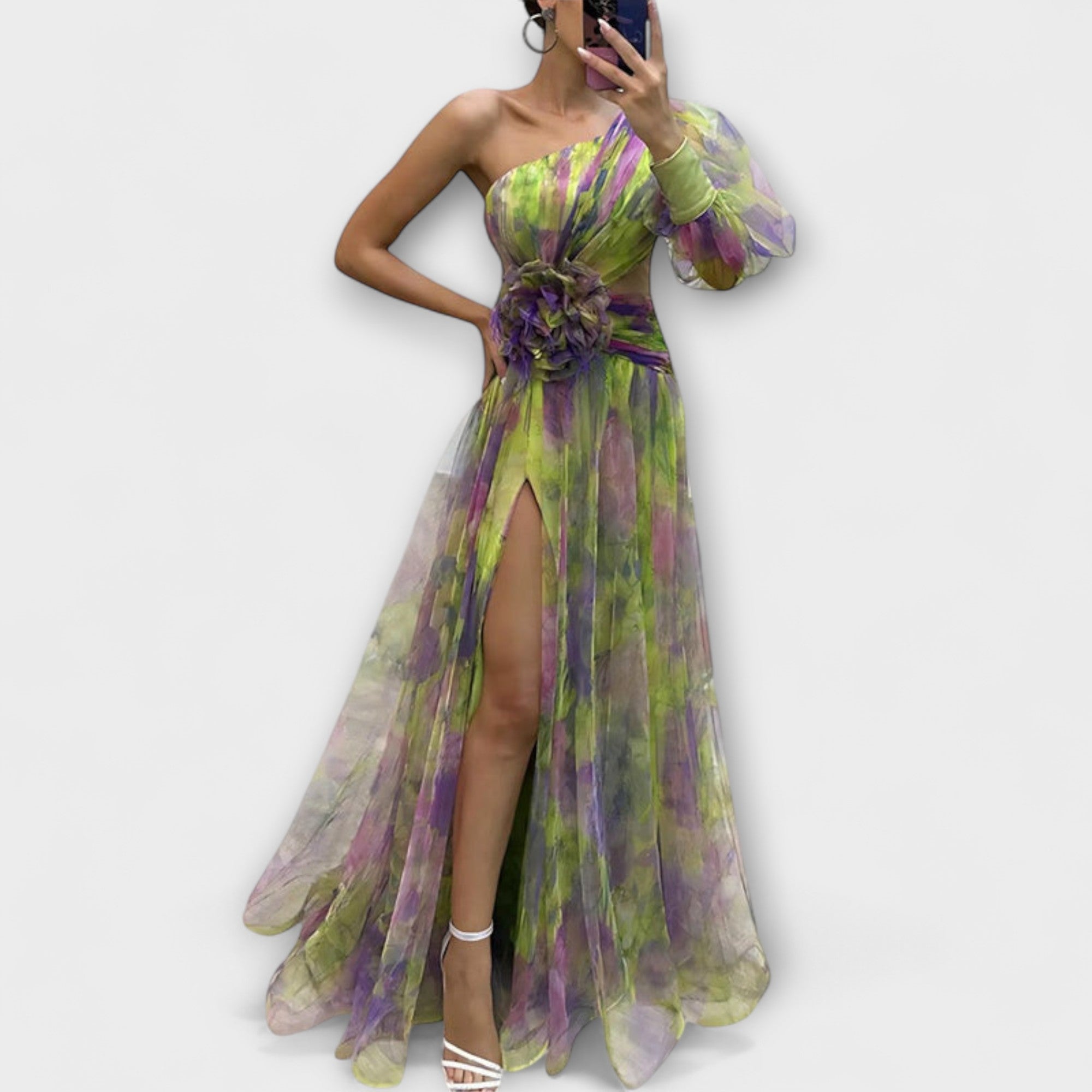 Minna - Lila asymmetrisches Maxikleid mit Print