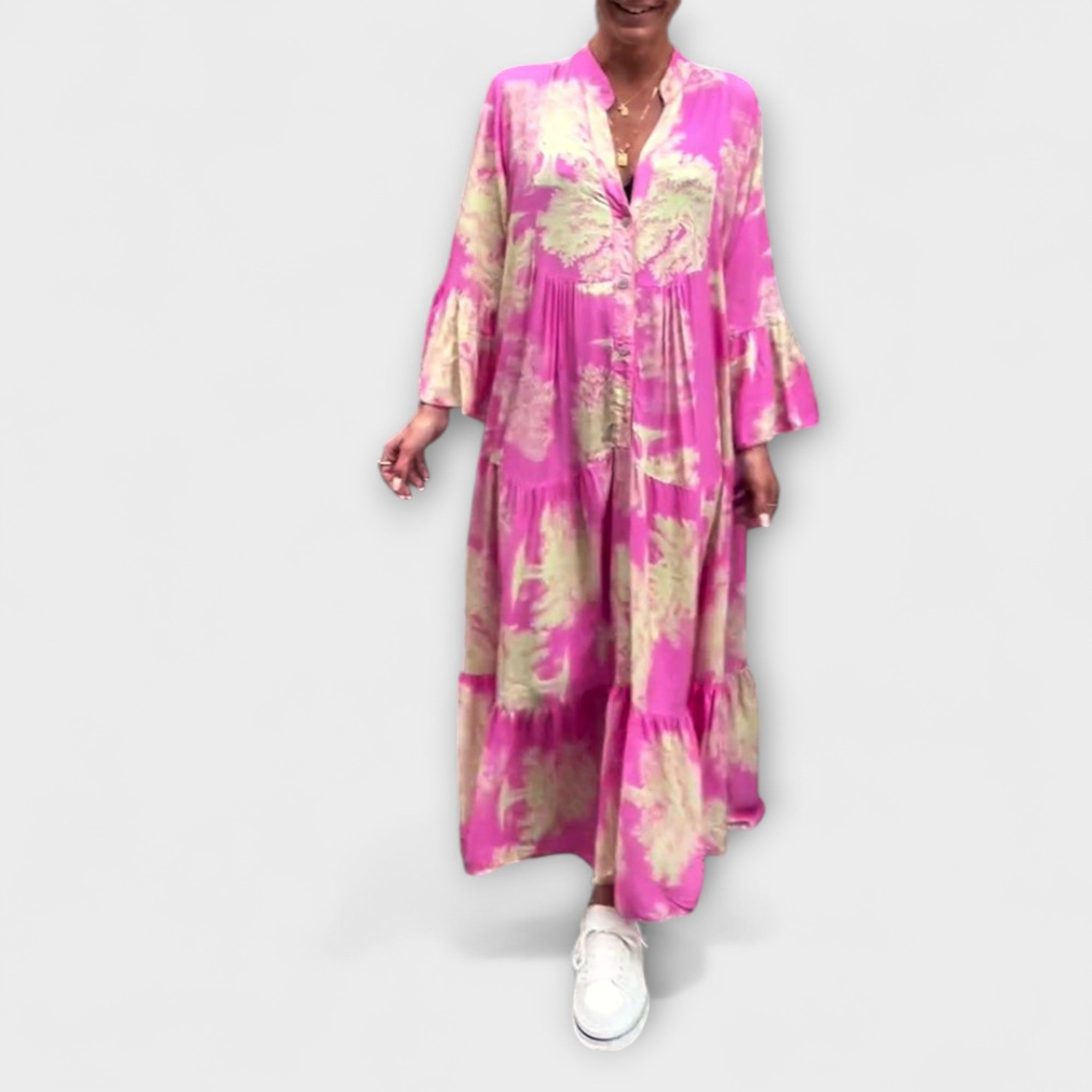 Nerina - Beiges Maxikleid mit Aquarellmuster
