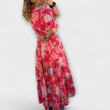 Catrisa - Rotes Maxikleid mit Blütenmuster und V-Ausschnitt