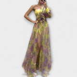 Minna - Lila asymmetrisches Maxikleid mit Print
