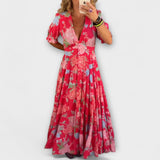 Catrisa - Rotes Maxikleid mit Blütenmuster und V-Ausschnitt