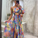 Whitney - Lila One-Shoulder-Maxikleid mit Blüten