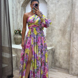 Whitney - Lila One-Shoulder-Maxikleid mit Blüten