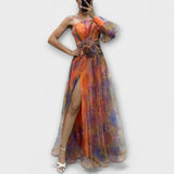 Minna - Lila asymmetrisches Maxikleid mit Print
