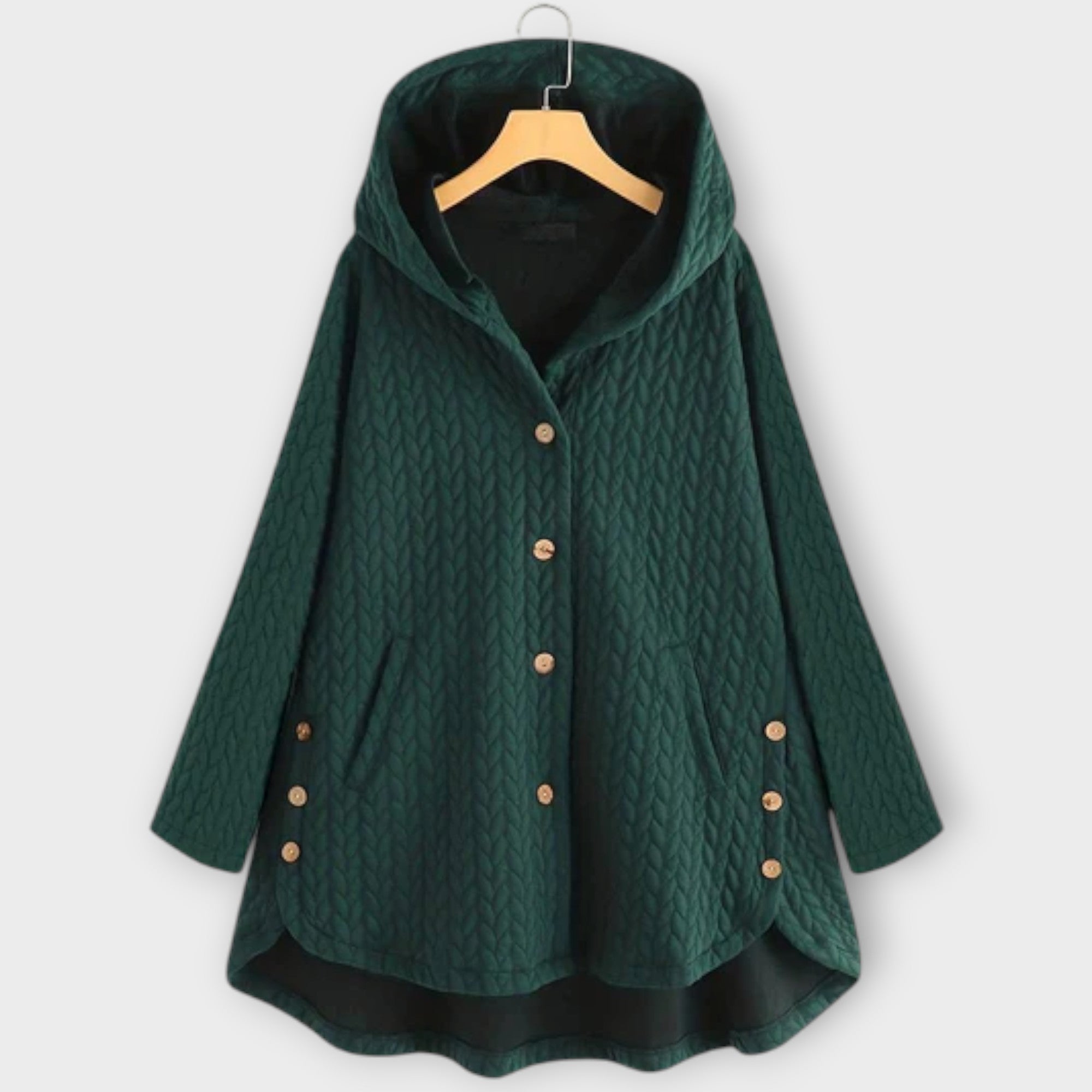 Leslie - Schwarze warme Button-Up-Jacke mit Kapuze