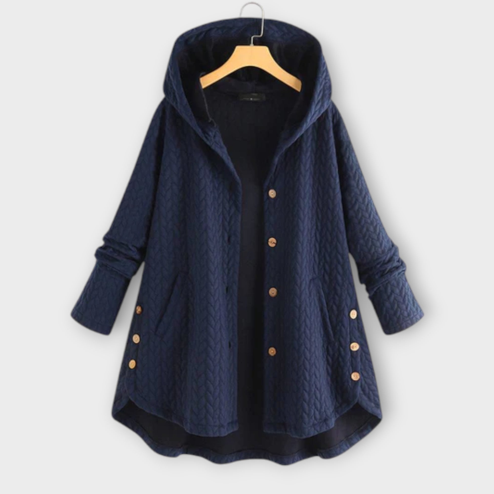 Leslie - Schwarze warme Button-Up-Jacke mit Kapuze
