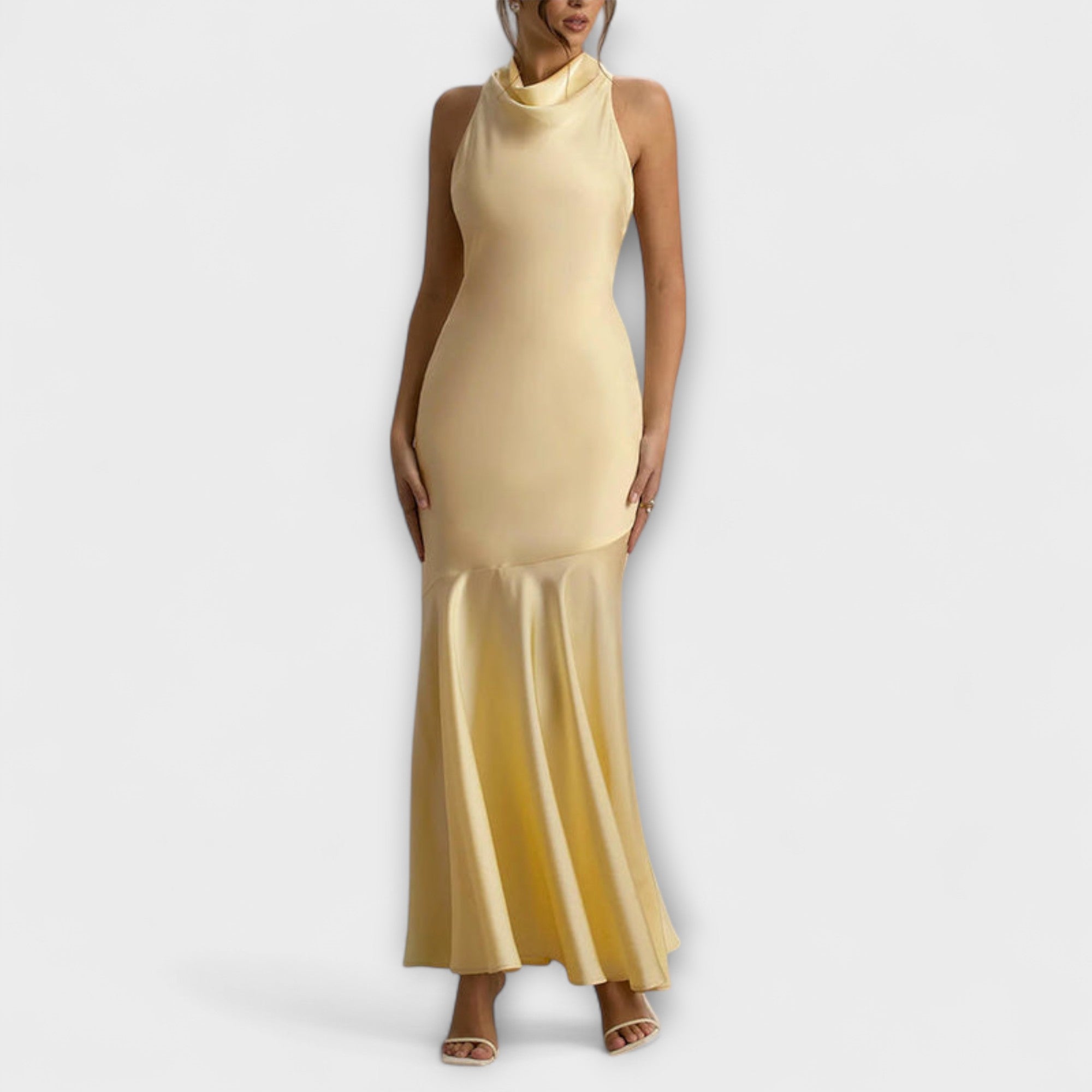 Lennon - Olivgrünes elegantes Satin-Maxikleid