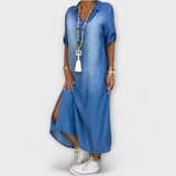Lea - Blaues Denim-Look-Kleid mit Seitenschlitz