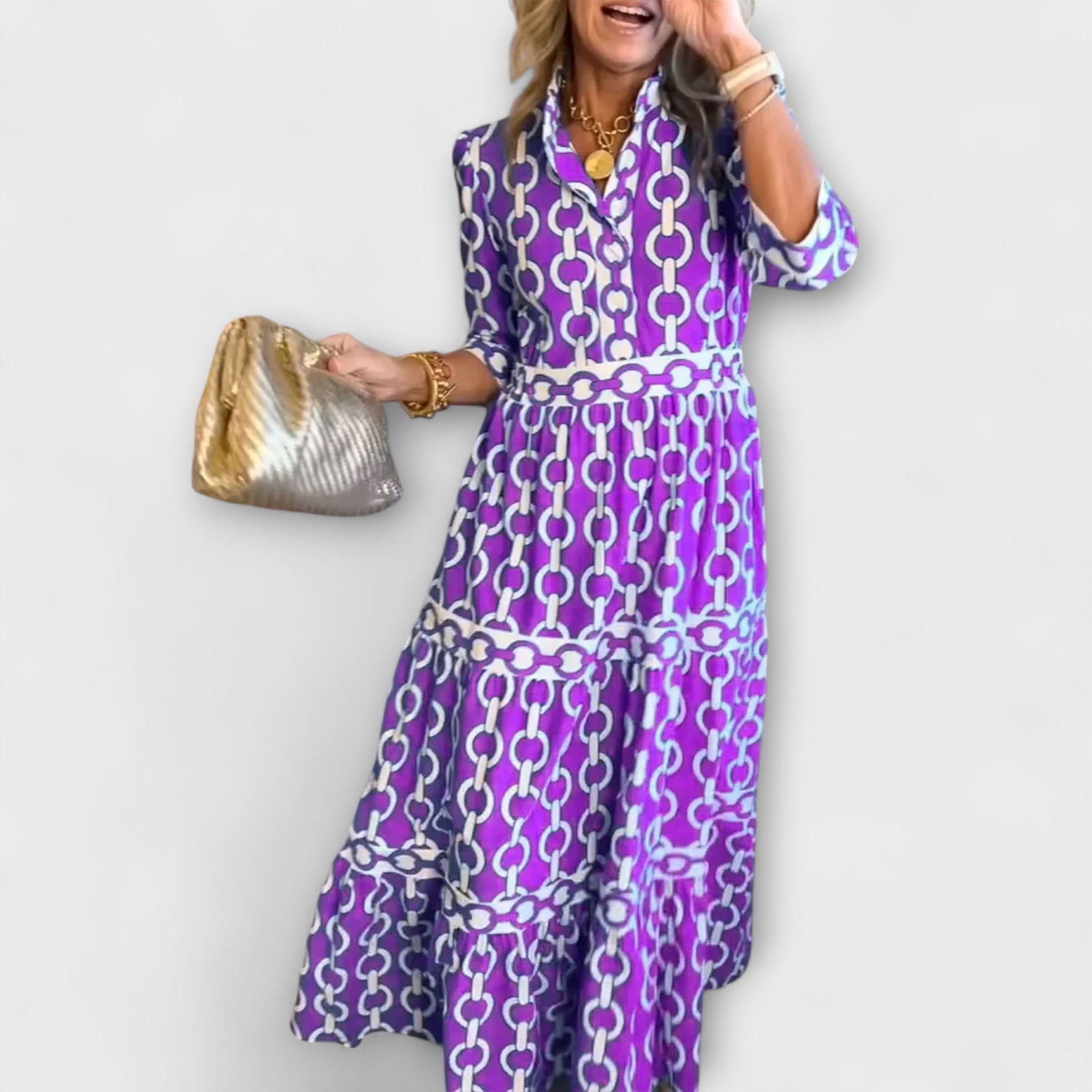 Sofia - Blaues Midikleid mit Kettenmuster
