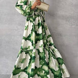 Gabriela - Grün-weisses elegantes Langkleid