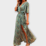 Sabine - Grünes Wickel-Maxikleid mit Print