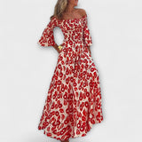 Bella - Rotes Off-Shoulder-Kleid mit Blütenmuster