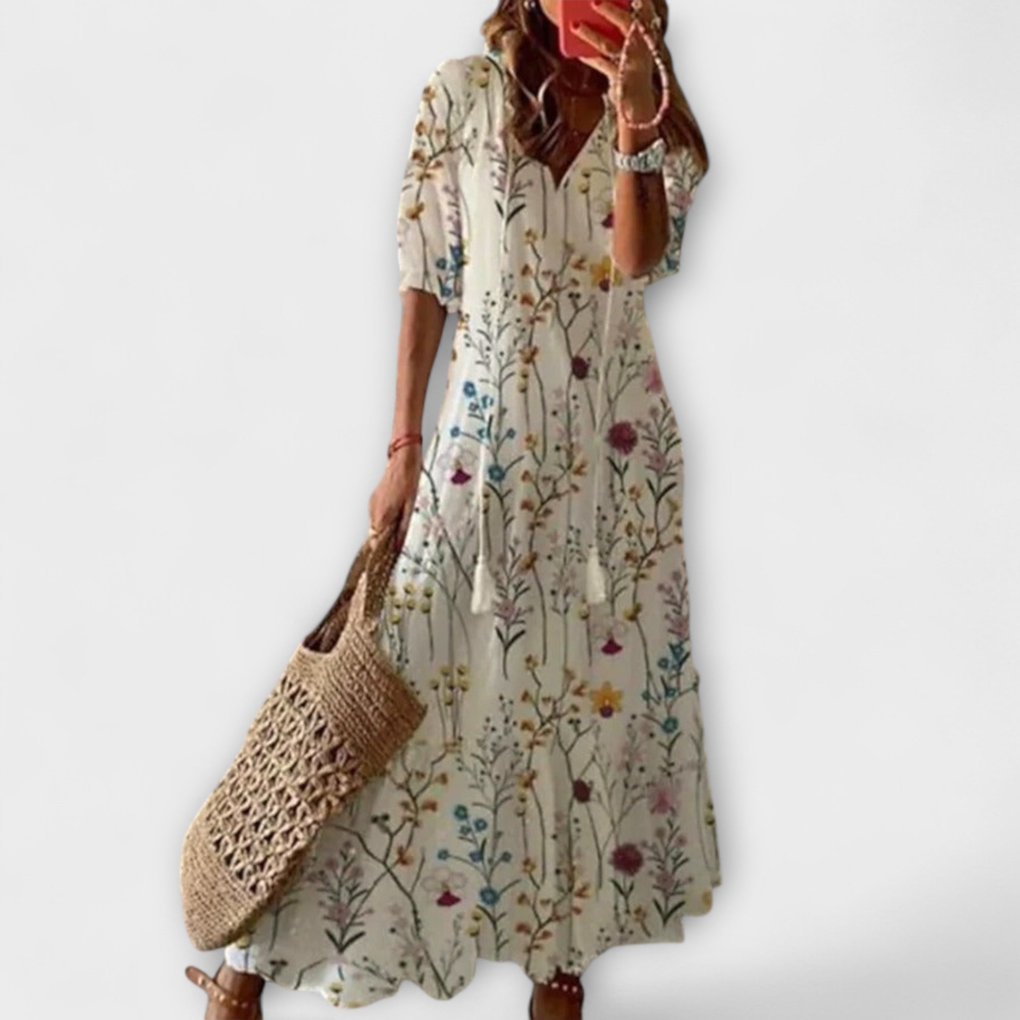 Anna - Cremefarbenes Boho-Sommerkleid mit Blütenmuster