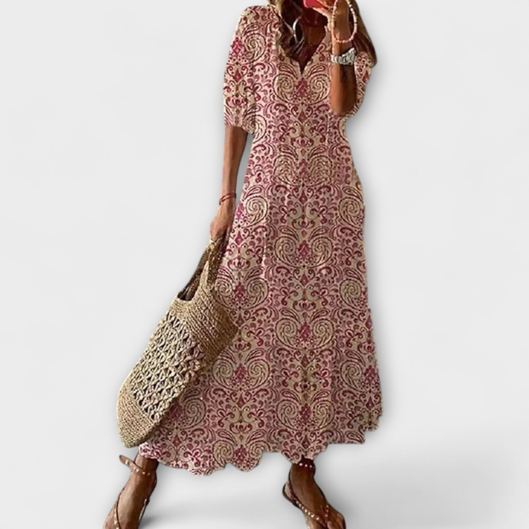 Anna - Cremefarbenes Boho-Sommerkleid mit Blütenmuster