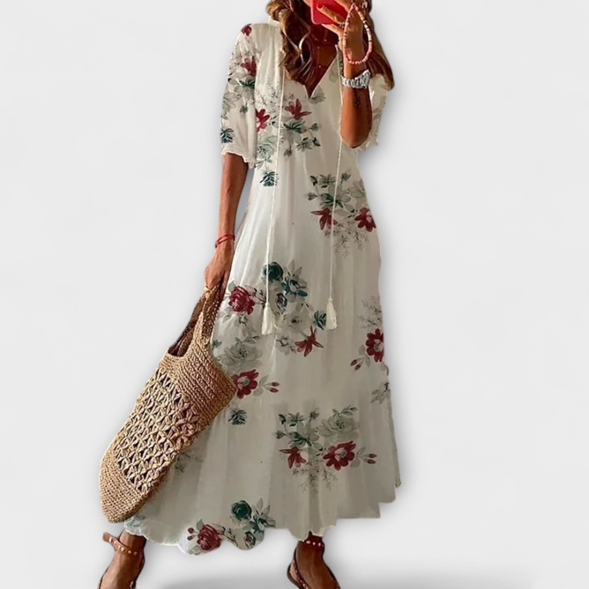 Anna - Cremefarbenes Boho-Sommerkleid mit Blütenmuster