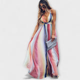 Mehrfarbig gestreiftes Maxikleid mit V-Ausschnitt