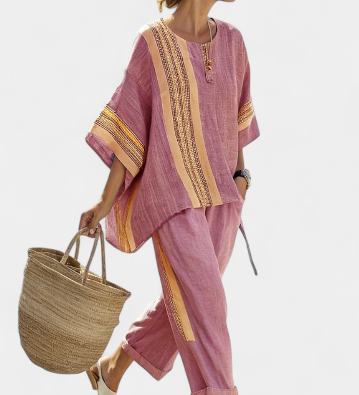 Lorena - Lila Boho-Set aus Leinen und Bambus