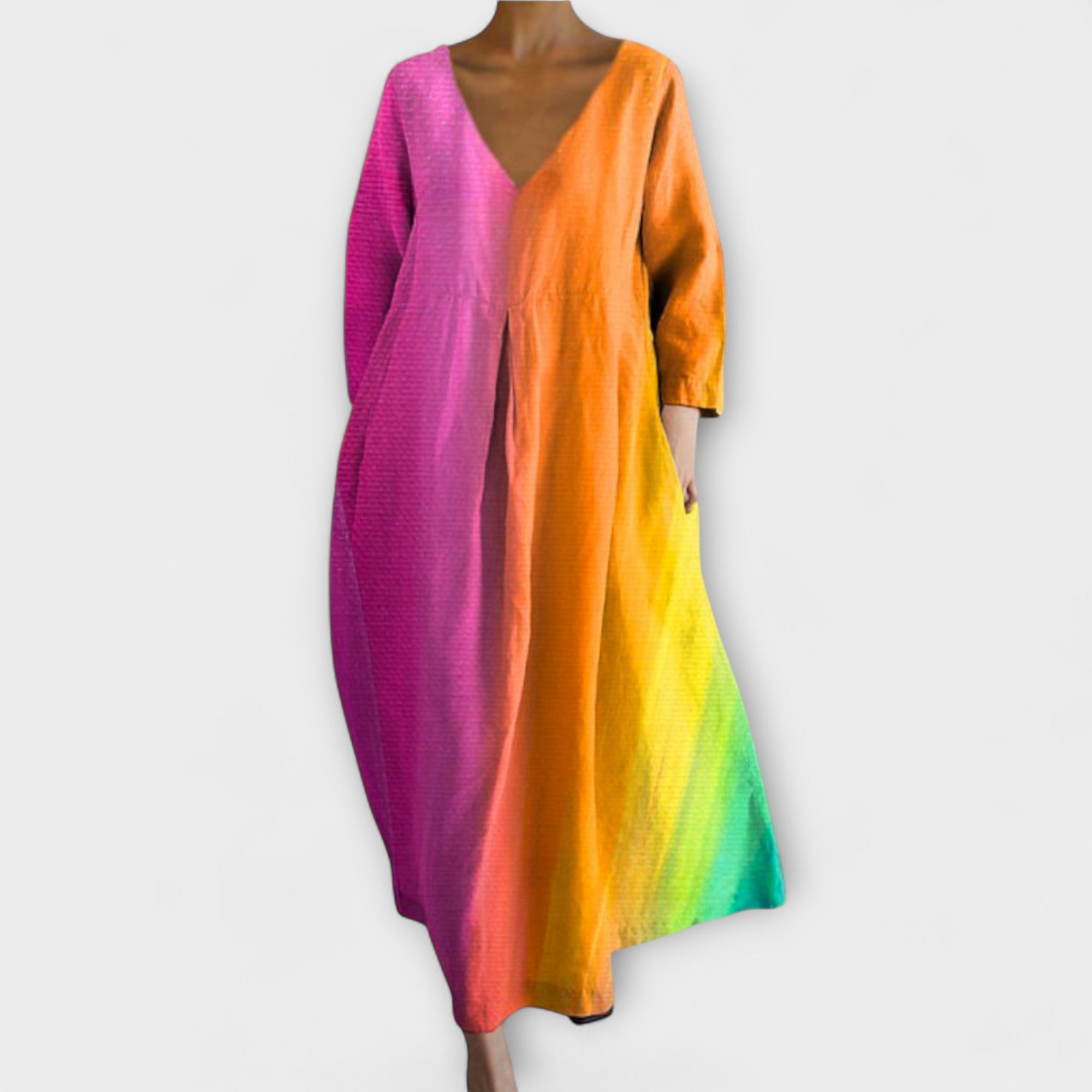 Fiona - Langes farbenfrohes Kleid mit V-Ausschnitt