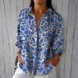 Elise - Blau-weisse Bluse mit Vögeln und Blattmuster