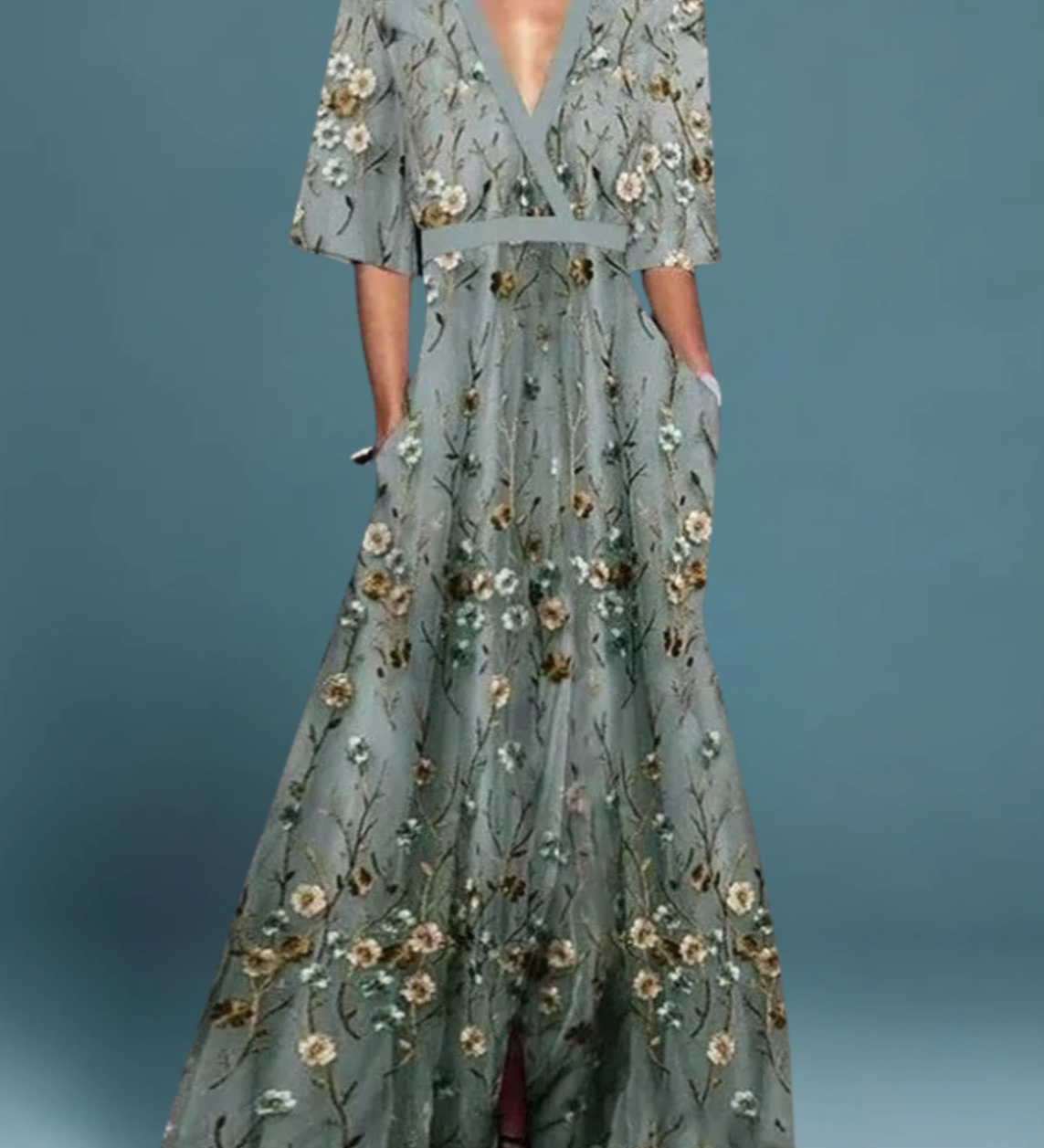 Rute - Graugrünes Maxikleid mit floralem Muster