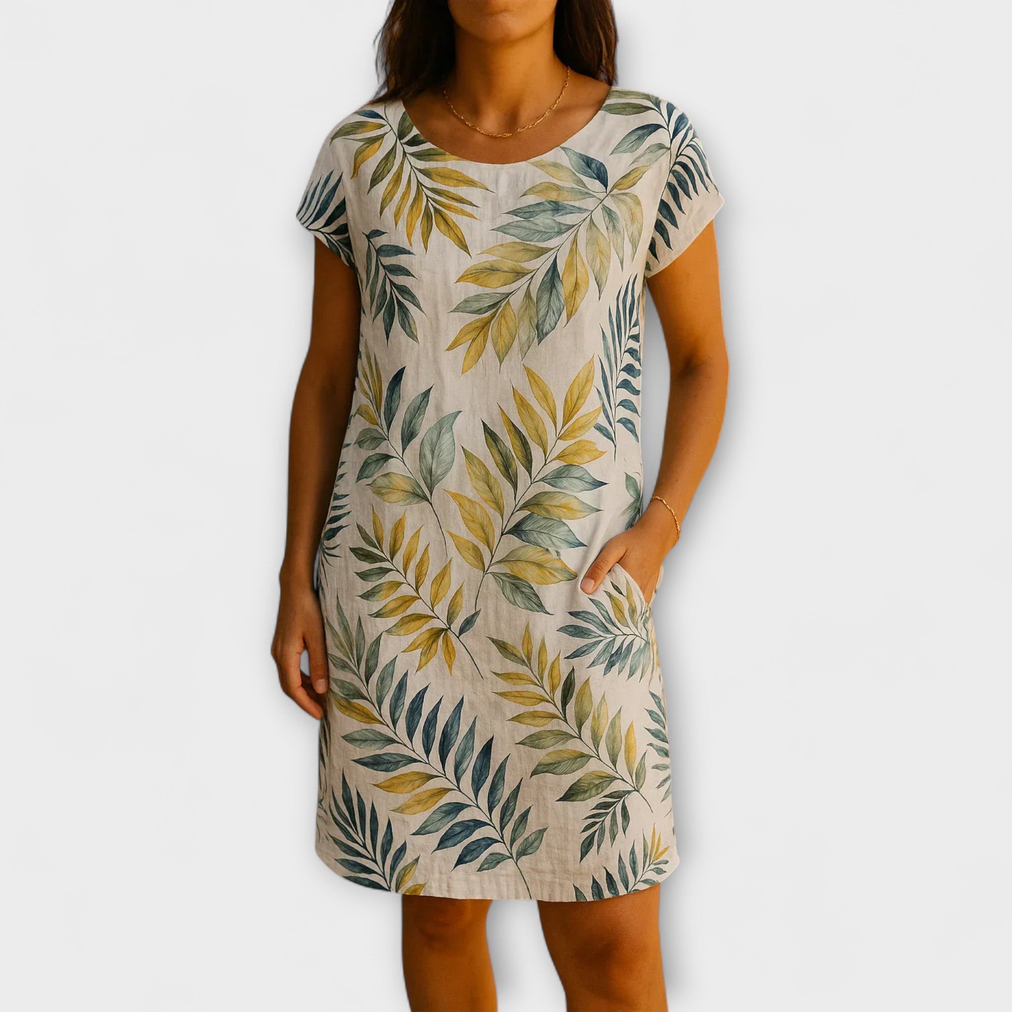 Willow - Graublaues Sommerkleid mit Blättermuster
