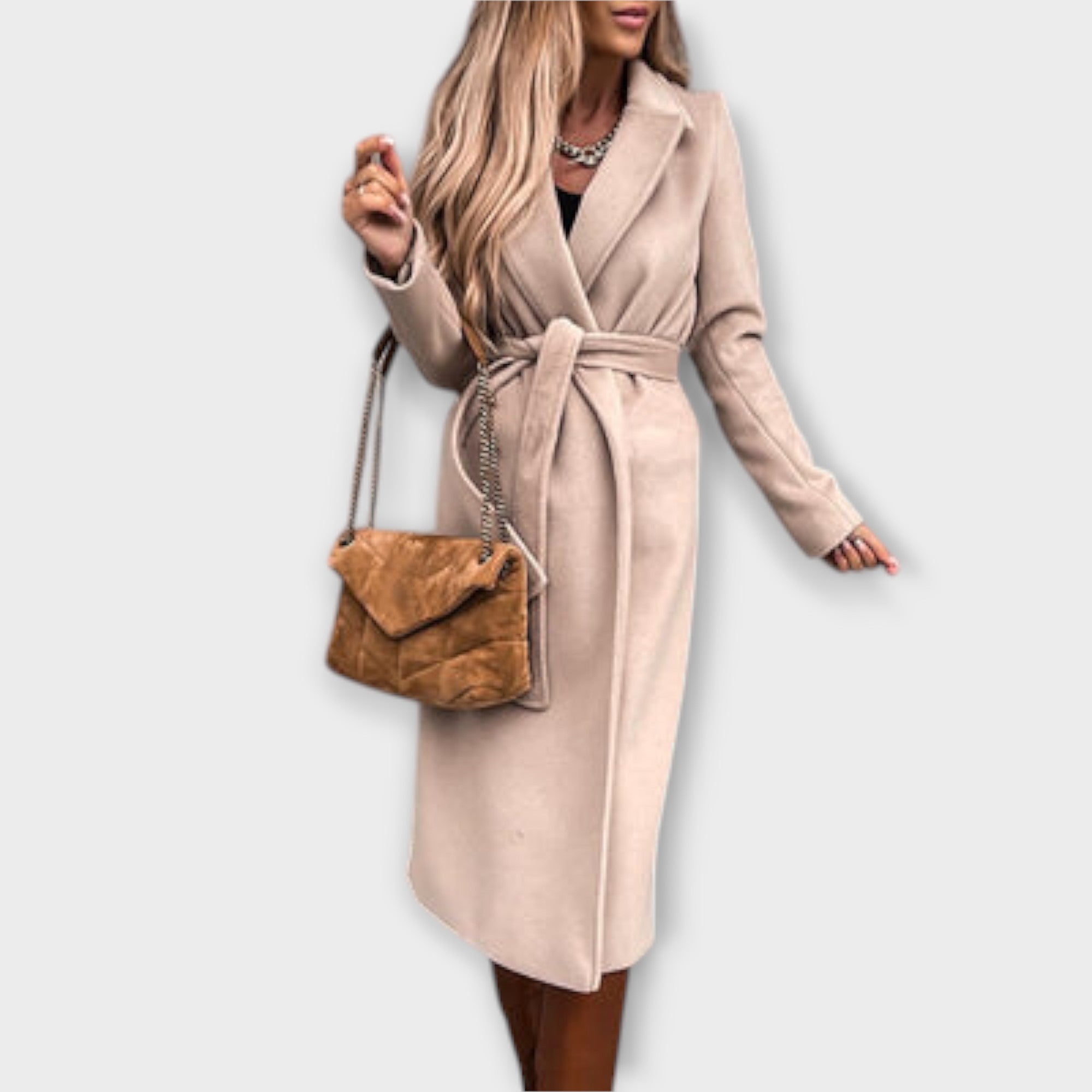 Eliza - Cremefarbener schicker Langmantel mit Bindegürtel