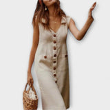 Nora - Rotes A-Linien-Kleid aus Leinen mit Knopfleiste